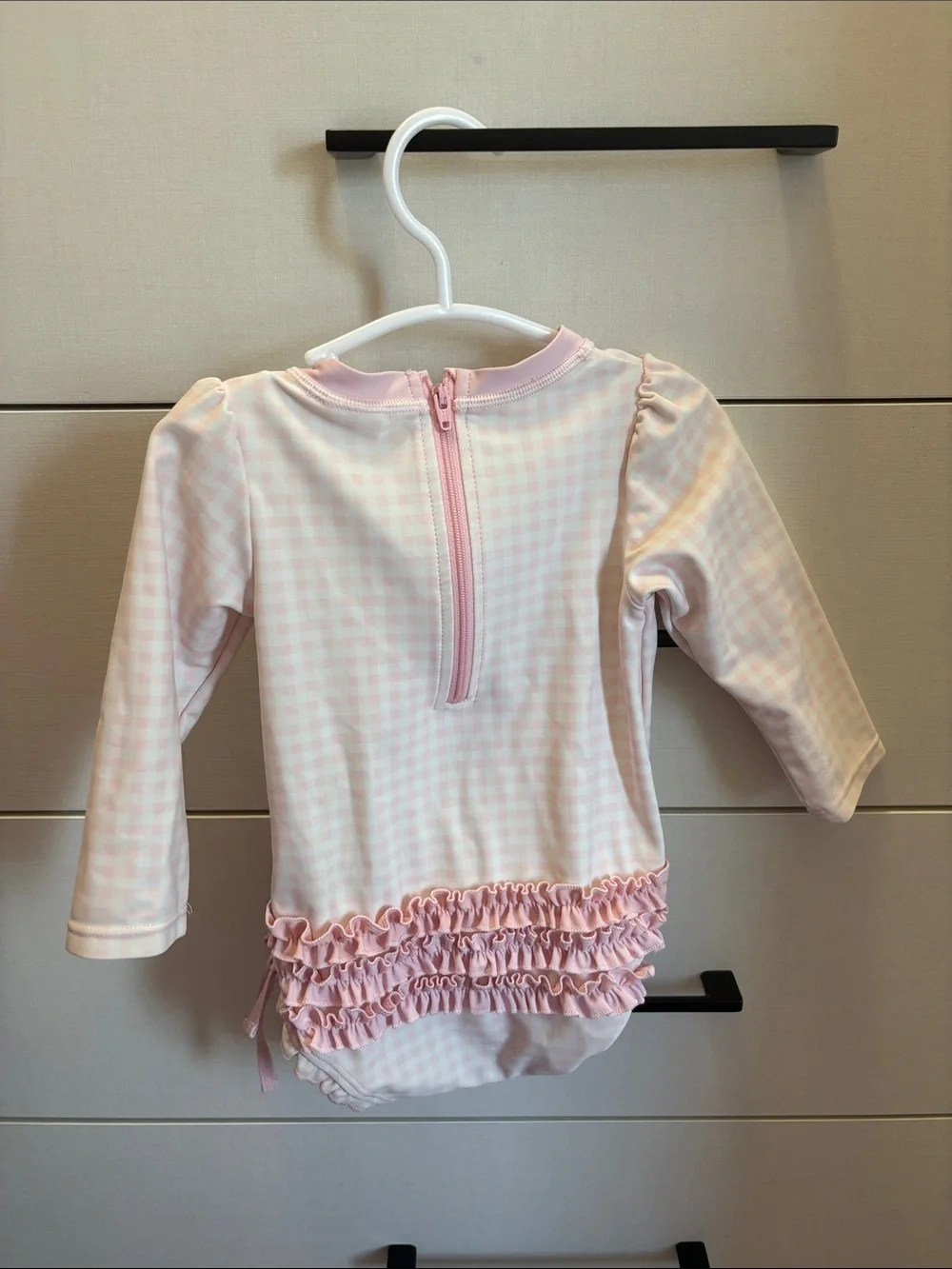 Rufflebutt Long Sleeve Pink Gingham Rash Guard Swimsuit